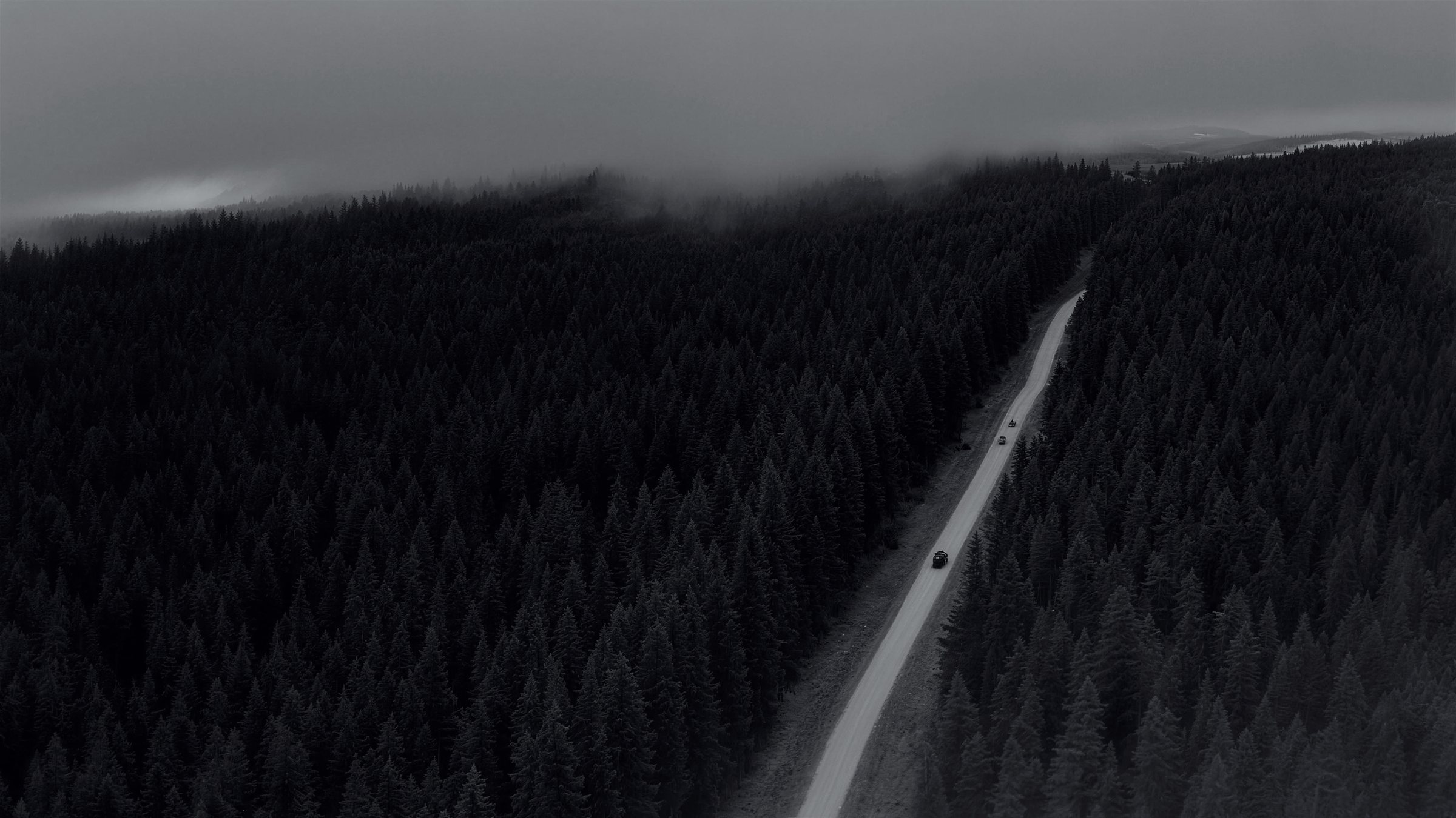 Forest road seen from the air through low cloud, a vehicle on the road.