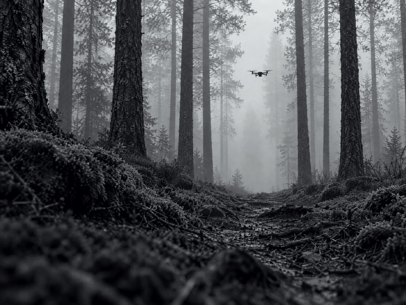 Low view along a misty forest track, a small quadcopter hovering between the pine trunks.