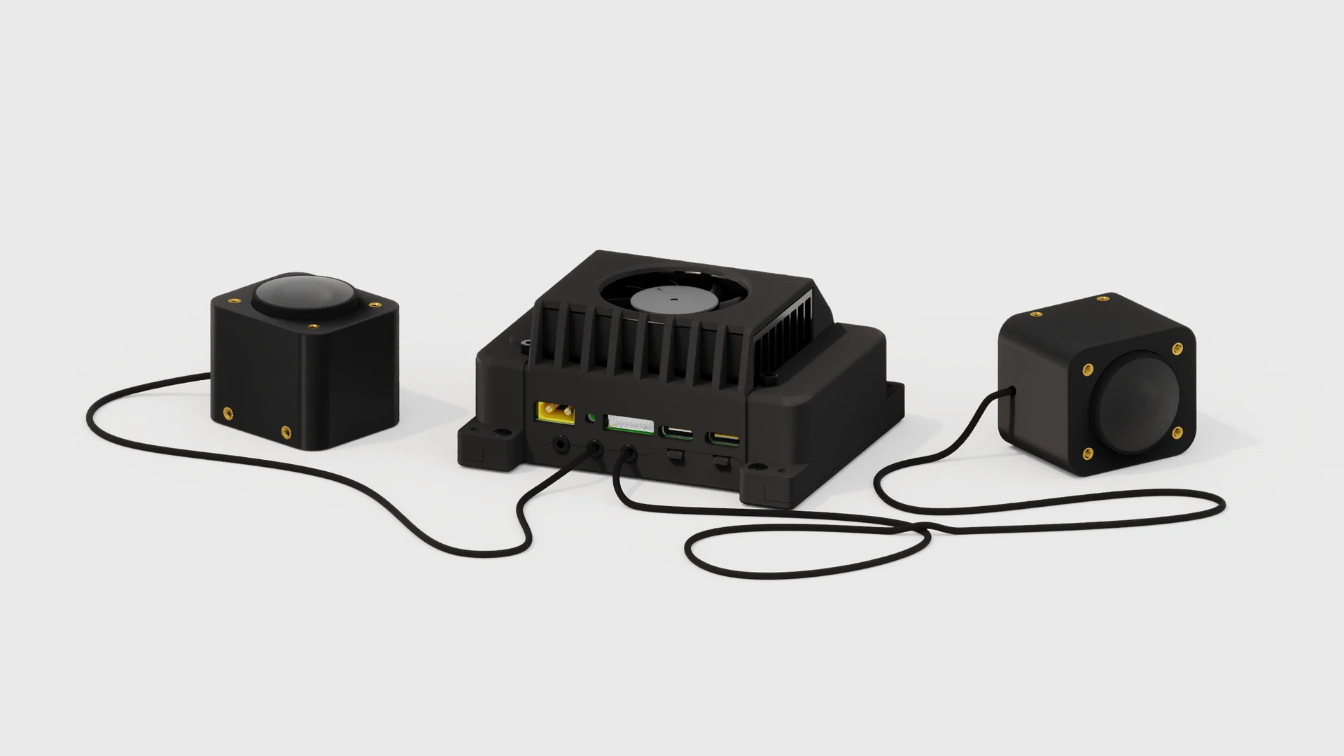 MOSS One: a compact compute unit with heat sink and fan, connected by cable to two small camera modules.